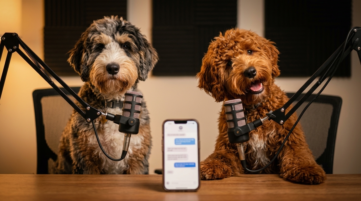 Rusty and Oreo at the podcast desk, chat bubble floating between them