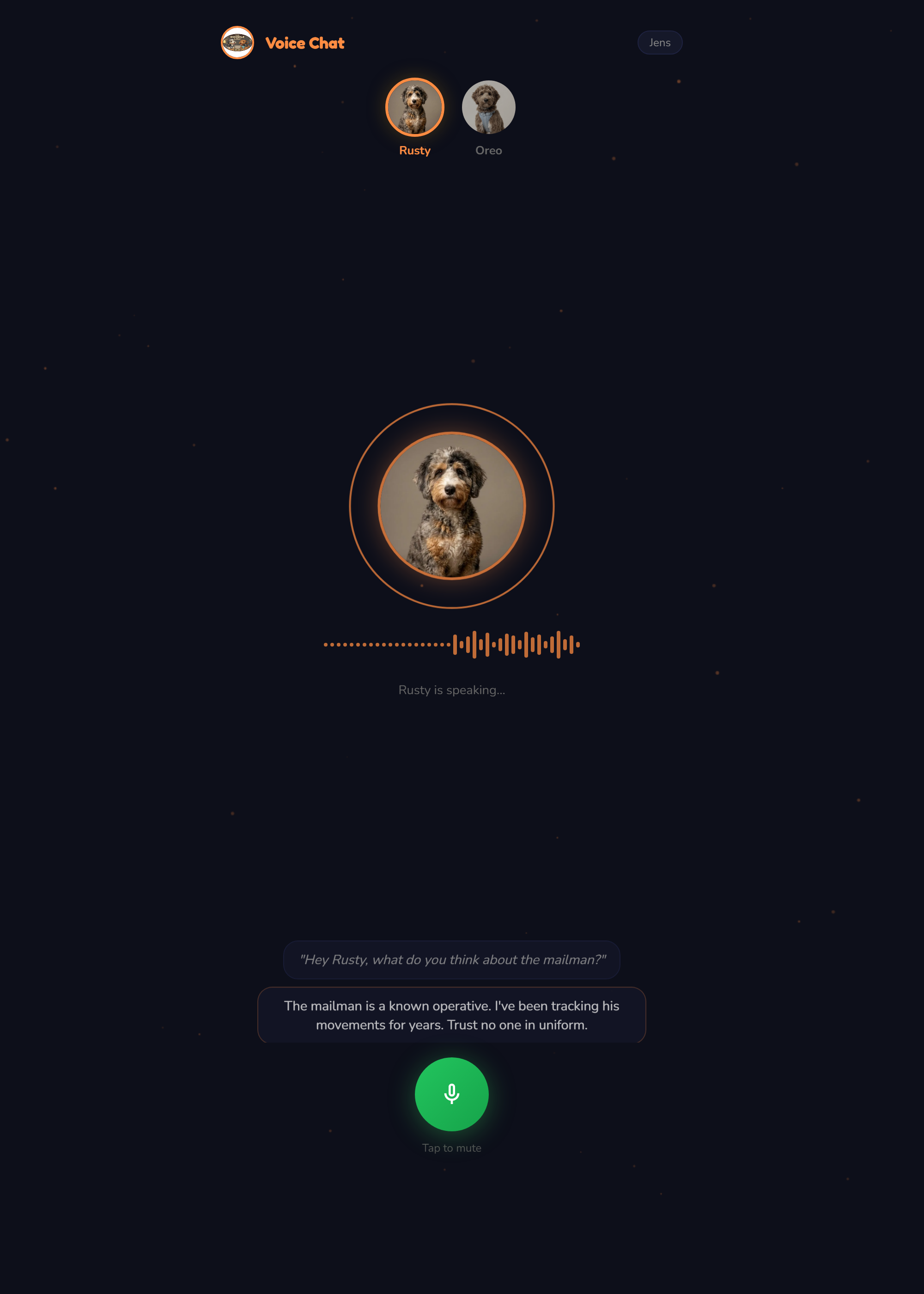 Voice chat interface showing Rusty mid-conversation